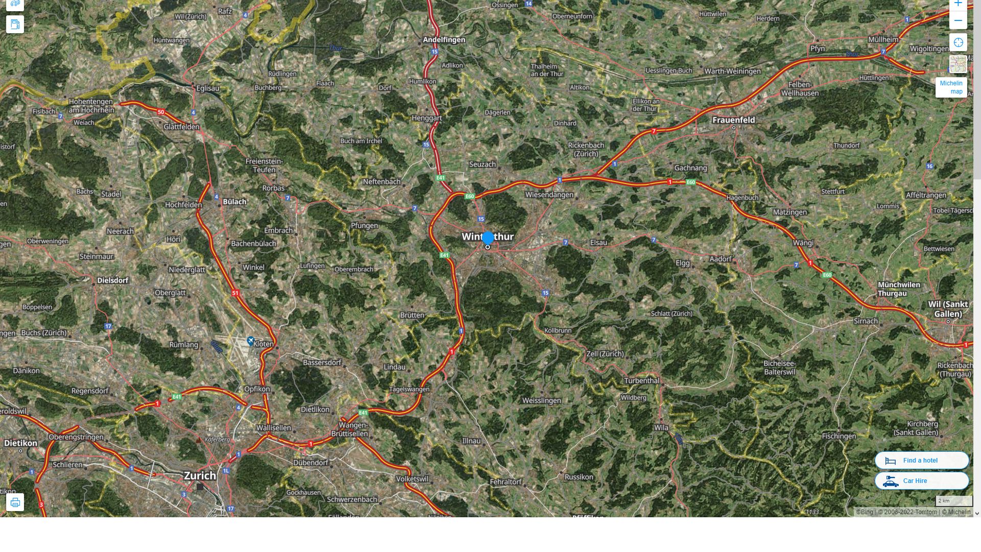 Winterthur Suisse Autoroute et carte routiere avec vue satellite